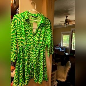 Zara Lime Green and White Abstract Dress